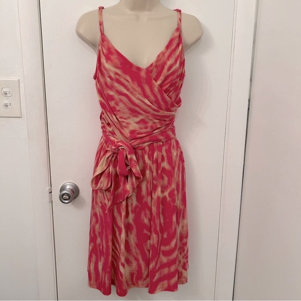 Jennifer Lopez Pink and Cream Sleeveless Wrap Dress
